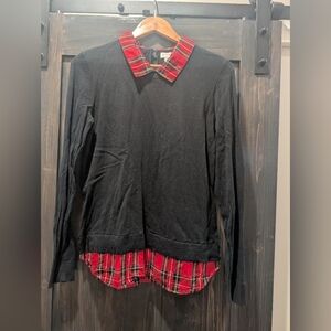 J. Crew Black Sweater with Red Plaid Detail